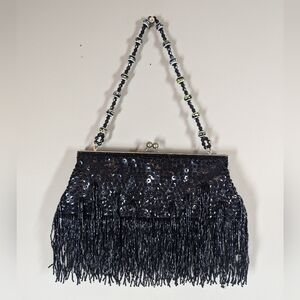 Vintage Black Beaded Fringe Evening Bag – Sequin Flapper Style 10" Wide